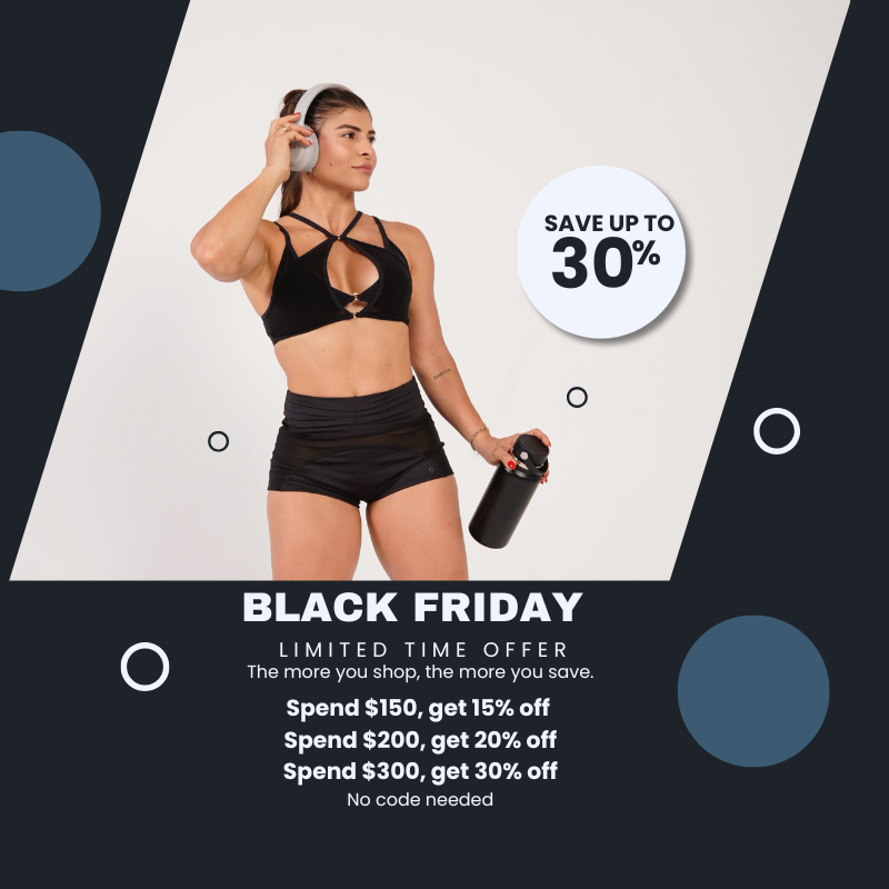 Woman in athletic wear with Black Friday sale promotion on a geometric background